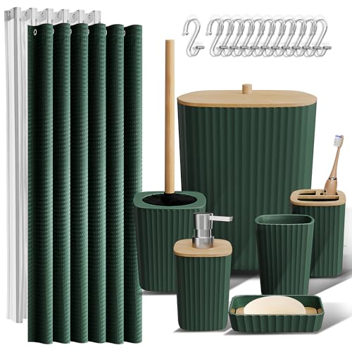 Clara Clark Bathroom Accessories Set - Bathroom Set, Bathroom Accessory Set, Shower Curtain Set, Toilet Brush, Trash Can & Soap Dispenser - Green - 20PC - color: Hunter Green, size: Complete Set