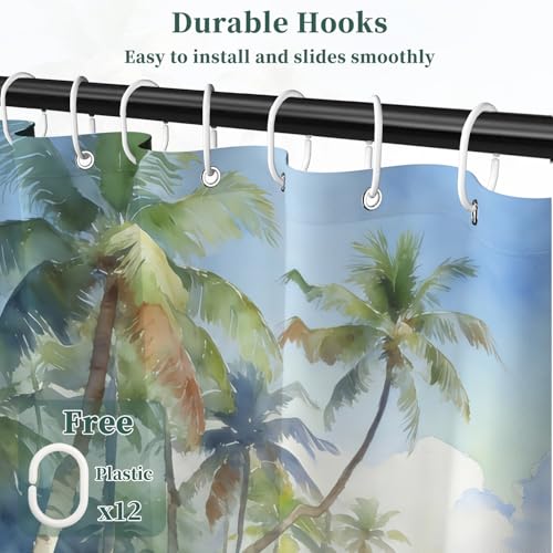 Fabric Shower Curtain with Hooks, Waterproof & Washable Polyester, Blue Coastal Beach Tropical Ocean Theme Shower Curtains for Bathroom, Nautical Palm Tree Beachy Bathroom Curtain, 71x74 Inch - color: Coastal Vacation
