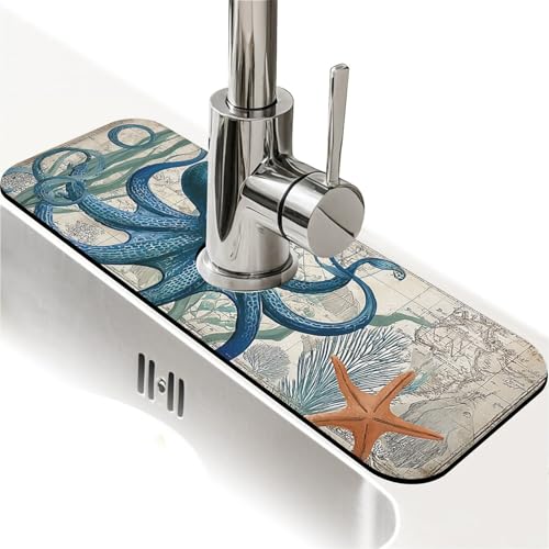 Kitchen Sink Splash Guard，Blue-octopus Faucet Mat Sink Gadgets-Super Absorbent Fast Drying Mat Drip Catcher for Kitchen, Bathroom,Sink Mat, Dish Drying Mat, Bathroom(15" X 5.5" ) - color: Blue-octopus