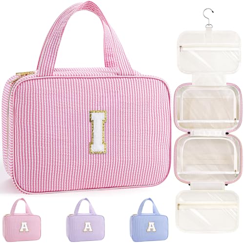 TOPEAST Travel Toiletry Bag for Women - Hanging Toiletry Bag Initial Makeup Bag, Portable Toiletries Cosmetic Bag, Airplane Travel Essentials - Letter I, Pink - color: Pink, style: I