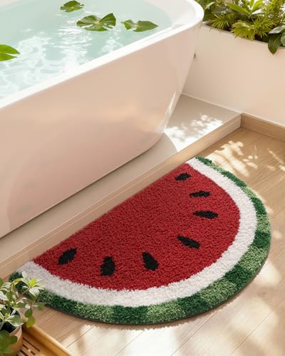 DEXI Bathroom Rugs Half Round 36x20, Cute Fruit Absorbent Bath Mat Non Slip Washable, Extra Soft Plush Microfiber Funny Bathmat for Shower Floor, Tub, Sink, Bedroom, Watermelon - color: Watermelon Slices