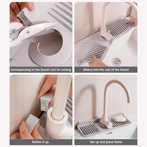 14.5" Silicone Faucet Handle Drip Catcher Tray,7° Sloped Self Draining Mat with Snap-on Design & Soap Holder, Sink Splash Guard for Kitchen & Bathroom, Trim-to-Fit Opening - color: Light Gray, size: 14.5" x 5.5"