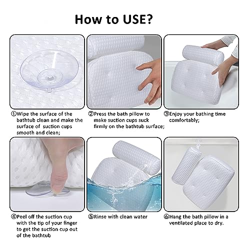 Bath Pillow for Tub Support Neck and Back, Bathtub Pillow Bath Accessories for Bathtub Women, Hot Tub Accessories for Adults White