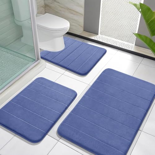 Yimobra Memory Foam Bath Mat Set 3 Pieces- Super Soft Absorbent Quick Dry Bathroom Rug Sets, Machine Washable Non Slip Floor Carpet for Tub Shower, Vanity & Toilet Base, Navy Blue - color: Navy Blue, size: 31.5''x20'' +17''x24'' + 24''x20''