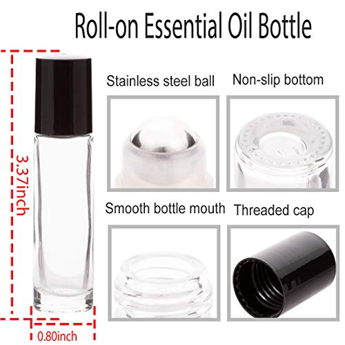6Pcs 10ml Essential Oil Roller Bottles, with Stainless Steel Roller Balls, 10ml Clear Glass Roll on Bottles for Essential Oils, 1 Extra Roller Ball, 6 Labels, 1 Openers, 2 Droppers Included - color: Clear
