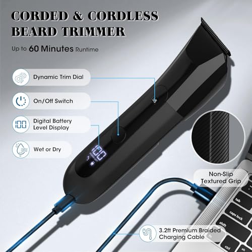 QREEYX Beard Trimmer for Men Groin & Body Hair Trimmer, Nose & Ear Clipper Head Razors for Bald Men, 5 in 1 Waterproof Manscape Kit with Travel Case, LED Display, Grooming Kit Gift for Him - color: Black-805