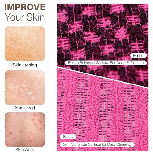 Yiclick Dual-Textured Exfoliating Washcloth Towel - Back Scrubber for Use in Shower Bath, Exfoliating Body Scrubber Exfoliator, Japanese Exfoliate Loofah Lufa Sponge Wash Cloth for Women Men - color: Magenta