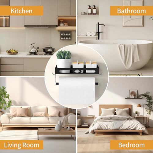 Paper Towel Holder Wall Mount for Kitchen, Easy One-handed Operation Design, Self Adhesive Paper Towel Holder with Shelf for Bathroom, RV Paper Towel Rack Paper Roll Holder with 2 Hooks, Black - color: Black