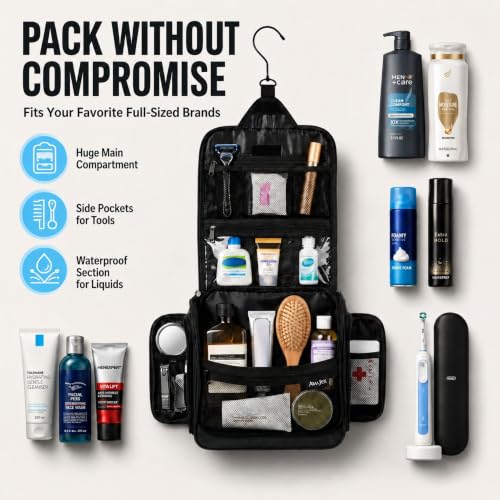 AvaJex Travel Toiletry Bag for Men - Large Dopp Kit (10.6"x10.6"x3.2") - Hanging Waterproof Mens Hygiene Organizer Bag with XXL Metal Swivel Hook, Sturdy Zippers and 19 Compartments for Toiletries - color: L Jet Black