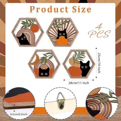HPNIUB Boho Black Cat Wall Decor, Farmhouse Geometric Hanging Wooden Wall Art, 4 Pieces 11''x9.8'' Mid Century Bohemian Abstract Moon and Sun Wood Sign for Nursery Bedroom Decoration, Lovely Cat Gifts - color: Black cat[orange style]