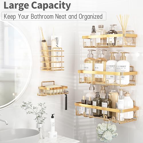 Liuoud 5 Pack Shower Caddy Organizer Rack Shelf for Inside Shower, Self Adhesive Wall Storage Basket Rustproof Stainless Steel Shampoo Holder Bathroom Accessory Decor Set, Gold - color: Gold