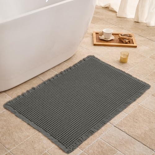 Waffle Bath Mat Non Slip, Boho Bathroom Rug, Super Absorbent Quick Dry Bathroom Mat, Soft Farmhouse Bath Rug with Tassels, Small Washable Shower Mats for Floor 20"x32", Dark Grey - color: Dark Grey, size: 1'8" x 2'8" (Rectangular)