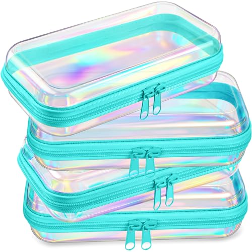 Hoolerry 4 Pcs Hard Clear Zipper Case Makeup Bags Plastic Zipper Pouch Transparent Storage Box Containers for Cosmetics, Snacks, Building Blocks, Puzzles(Clear,7.5 x 3.9 x 2 in,Blue Laser) - color: Blue Laser, size: 7.5 x 3.9 x 2 in