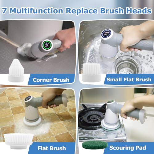 DAESUNG Electric Spin Scrubber, New Electric Bathroom Brush with 7 Replaceable Heads, Power Scrubber with LED Display, Electric Scrubbers for Cleaning Shower, Tile, Grout, Sink - color: A-white