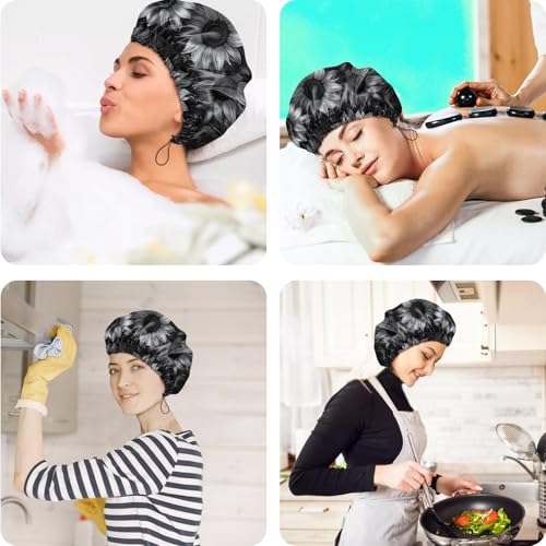 2 PCS Shower Cap Reusable Waterproof Double Layers Hair Caps Shower Bath Adjustable Elastic Hat for Women Girls Cute Aesthetic-Color Block Sunflower - color: AI18-Color Block Sunflower