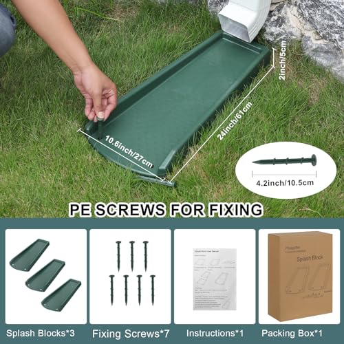 plusgutter Rain Gutter Downspout Splash Block, Gutter Downspout Extensions for Water Drainage, 24" Gutter Splash Guards Downspout Extender, Fixable Down spout Drain Trays with PE Nails(3 Pack, Green) - color: Green
