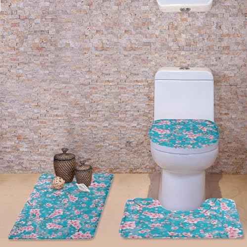 Cherry Blossom Bathroom Rug Set, Bath Rug +Bathroom Rug + Toilet Seat Cover, Super Soft Microfiber Water Absorbent & Non-Slip Bathroom Rugs with PVC Point Rubber Backing, Machine Washable - color: Cherry Blossom2