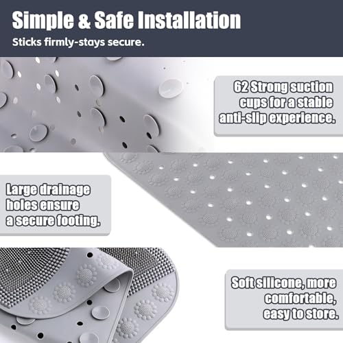 Bathtub Shower Mat Non Slip, 28.7x18.9 inch Silicone Bathroom Mat with Foot Scrubber on Both Sides, Drain Hole and Suction Cups, Machine Washable Bath Mats for Elderly, Pet (Gray) - size: 28.7"x18.9"
