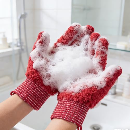 Exfoliating Bath Gloves 2 Pairs - Heavy Texture Body Scrub Gloves for Shower, Spa, Massage and Body Scrubs, Dead Skin Remover, Washing Gloves with Hanging Loop(Red) - color: Red