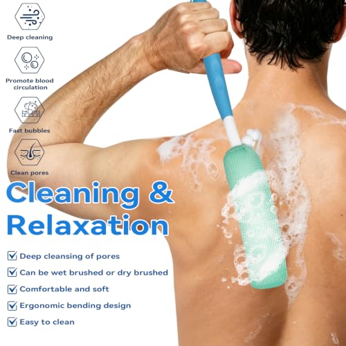 15.35" Back Bath Brush with Sponge,Back Scrubber Bath Mesh with Curved Long Handle Bath Body Brush for Elderly Aid Bathing and Shower - size: Black+Pink Handle