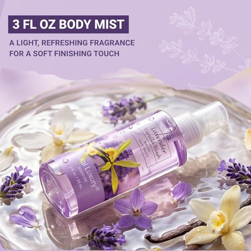 Bath and Body Spa Gift Set for Women, 4PC Lavender Vanilla Blush Self Care Travel Kit - Shower Gel, Lotion, Hand and Body Cream, & Body Mist, 3 Fl Oz Each, Pamper Gift for Mom Wife Girlfriend Sister