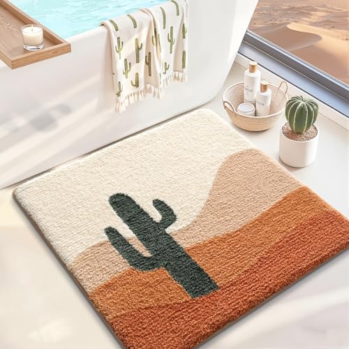 LUMI Bathroom Rugs with Cactus Plant, Square Bathroom Mat, Ultra Soft, Absorbent Quick Dry, Non-Slip Washable Shower Rugs, Luxury Carpet for Shower Floor, Bathtub, Home Decor, 32"x32" - color: A-desert Cactus, size: 32"x32"(Square)