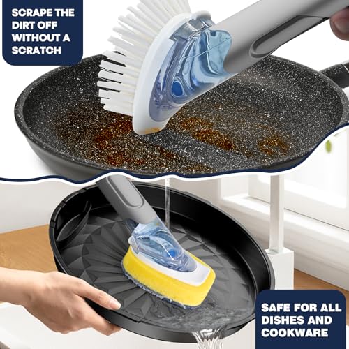 Dish Brush with Soap Dispenser Storage Set with 2 PCS Brush Refills & Holder, Dish Scrubber with Soap Dispenser, Dish Soap Brush, Dish Wand with Soap Dispenser for Dishes, Pans, Sink, Pots(Gray) - color: Gray