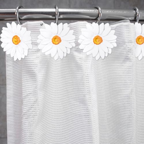 Whaline 12Pcs Spring Daisy Shower Curtain Hooks Summer White Flower Shower Rod Rings Boho Floral Decorative Curtain Hanger Hooks for Living Room Bedroom Bathroom Decor - color: White