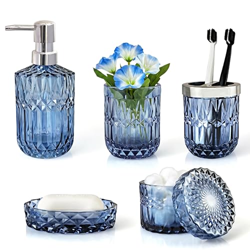 LaMarriti Blue Bathroom Accessories Set, 5Pcs Clear Glass Bathroom Accessories, Hand Soap Dispenser, Soap Dish, Toothbrush Holder Set, Qtips Holder for Crystal Vintage Bath Countertop Decor, Gift Set - style: Blue