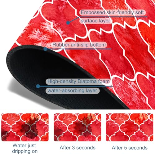 Watercolor Moroccan Marbled Kitchen Sink Splash Guard Faucet Mat Red Tiles Super Absorbent Fast Drying Mat Sink Splash Guard Behind Faucet for Kitchen Bathroom, 15.5"x5.5"