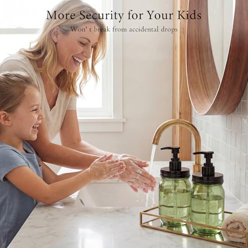 Amolliar Plastic Mason Jar Soap Dispenser with Pump Lid,16OZ Refillable Hand Soap Dispenser Set with Cute Lables - Farmhouse Decor for Kitchen Bathroom, Liquid Soap, Dish Soap, Lotion (2 Pack, Green) - color: Green Jar With Black Pump
