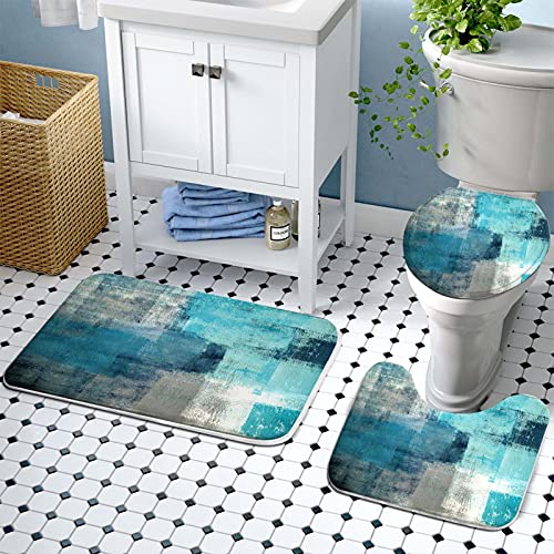 Lnond 4Pcs Bathroom Shower Curtain Sets with Rugs,Turquoise Abstract Painting Bathroom Sets with Shower Curtain and Rugs and Accessories - color: Teal-01