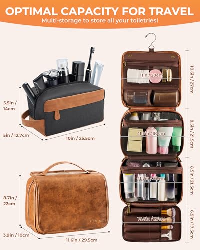 Elviros Hanging Travel Toiletry Bag Gift for Men，Mens Toiletries Bag Gifts Set Shaving Dopp Kit Water-resistant Bathroom Toiletries Organizer PU Leather Cosmetic Bags 2 Pack - color: Brown, size: 2 Pack