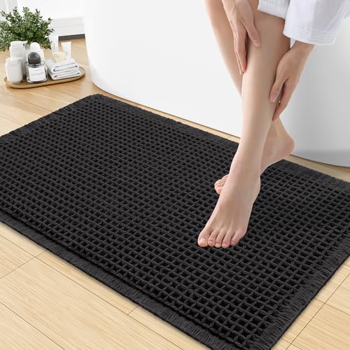 Smiry Waffle Bath Mat 30x18, Extra Soft Absorbent Bathroom Rugs, Non Slip Machine Washable Quick Dry Bath Rugs for Bathroom Floor, Tub, Shower, Home Decor Accessories, Black - color: Black, size: 30'' X 18''