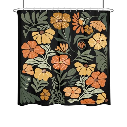Orange Floral Shower Curtain Standard Black Cute Flower Vintage Farmhouse Rustic Retro Funny Aesthetic Botanical Bohemian Trendy Fabric Cloth Bathroom Decor Set 72x72 Inch Polyester 12 Hooks - color: Black Orange, size: 72"W x 72"L (Pack of 1)
