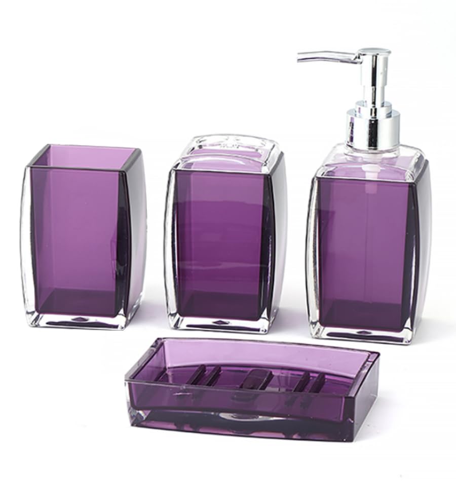 Bathroom Accessories Set,Soap Dispenser,Soap Dish,Toothbrush Holder, Tumbler, Acrylic Bathroom Accessories Set Complete, Modern Bathroom Décor, Gift for Home (PURPLE-4PCS) - color: Purple-4pcs