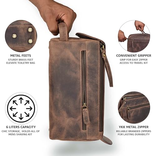 Full Grain Leather Toiletry Bag for Men & Women – Water-Resistant Travel Shaving Kit Organizer with YKK Zipper, Spacious Bathroom Grooming & Cosmetic Storage Case - Walnut Brown - color: Distressed Brown