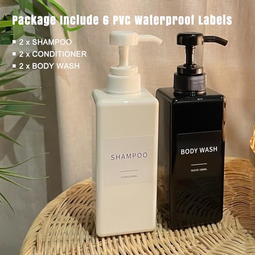 Shampoo and Conditioner Dispenser, Refillable Plastic Shampoo Pump Bottles with Waterproof Labels, Empty Body Wash Dispenser Set for Bathroom, Shower Soap Bottles (White, Set of 3, 16.9oz) - color: White