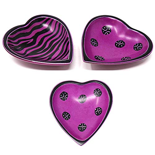 Global Crafts Small Soapstone Heart Bowls with Designs, Fuchsia, Set of 3 (KSAHBS-FA-S3) - color: Fuchsia