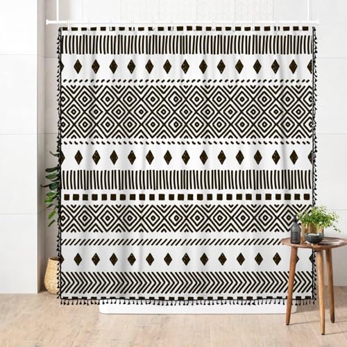 AOFOTO Bohemian Shower Curtain Black and White Geometric Design Shower Curtains with Black Tassel Boho Pattern Shower Curtains for Bathroom Waterproof Fabric Bath Curtain Sets with Hooks 70x70 Inches - color: Black Stripe, size: 70"W x 70"L (Pack of 1)