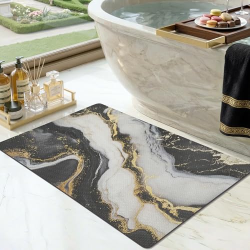 Color&Geometry Ultra Thin Bathroom Rugs Non Slip,Absorbent Quick Dry Bath Mats for Bathroom,Thin Bath Rugs Washable with Rubber Backing Fit Under Door Outside Shower,Gold-Veined Marble,24"x36" - color: Black and White With Gold, size: 24"x36"