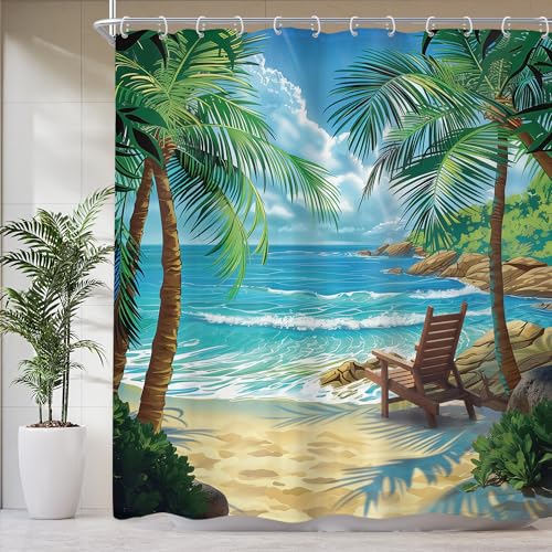Newsely Ocean Shower Curtain 60Wx72L Inch Beach Tropical Palm Tree Hawaiian Summer Coastal Nautical Scenery Sea Wave Plant Bathroom Set Botanical Waterproof Bath Decoration Accessories Home Decor - color: B-02beach, size: 60"W x 72"L (Pack of 1)