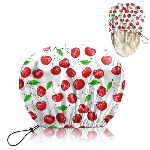 Luxury Shower Cap Satin Lined Reusable Waterproof Double Layer Elastic Adjustable Hair Bath Cap Cute Aesthetic Women Girls-Cherry - color: F4-Cherry
