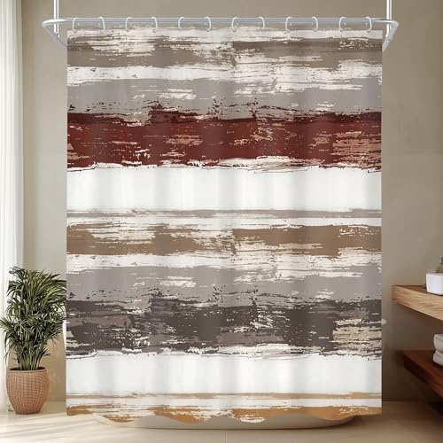 Abstract Brown 60Wx72H Shower Curtain Modern White Grey Striped Minimalist Geometric Simple Neutral Watercolor Oil Painting Bathroom Curtain Set Aesthetic Bath Bathroom Accessories Decor - size: 60"W x 72"L (Pack of 1)