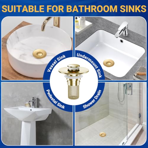 Bathroom Sink Drain Strainer, Pop-Up Bathroom Sink Stopper with Removable Stainless Steel Hair Catcher Basket, Universal Fit for US Bathroom Sinks, Showers & Floor Drains (1pcs-Gold) - color: 1pcs-gold