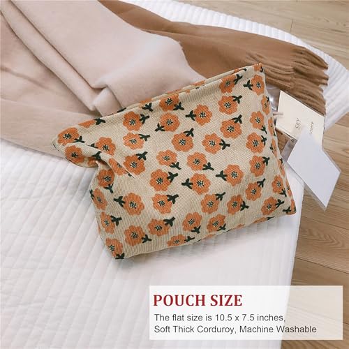 HAPPYHEIDI Women Floral Corduroy Makeup Bag Travel Cosmetic Canvas Pouch Purse Organizer, Cute Beige Flowers - color: 001 SX142-02 Beige Floral Corduroy