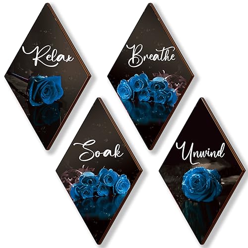 ONIZHITY Set of 4 Blue Bathroom Decor Rose Wooden Wall Decor Flower Rustic Romantic Floral Farmhouse Blue Wall Decor Modern Breathe Soak Unwind Relax Signs for Room Kitchen Bathroom (blue 12 x 7) - color: Blue Rose