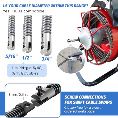 9-Piece Drain Snake Drill Attachment Kit, Drain Auger Replacement Heads with Hex Wrench for 5/16in-3/4in Cable, Fits 50ft-100ft Machines, Clog Remover Tool for Sink, Shower, Pipe and Sewer