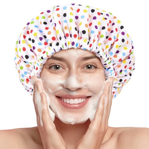 Shower Cap for Women Terry Lined Bath Cap Large Reusable Waterproof Elastic Band Pink Point Shower Caps for Long Thick Hair Soft Bath Shower Hair Caps - color: Color Dots