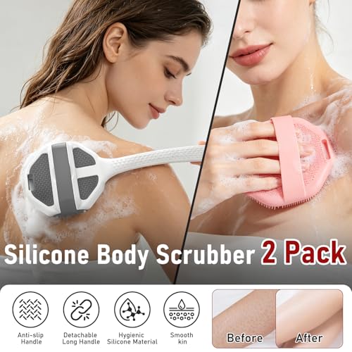 Back Scrubber for Shower 2 Pack, Silicone Scrub Brush with Long Handle & Unique Soft Body Scrubber, Detachable Body Brush Shower Lather Well Deep Clean Exfoliating for Women Men Sensitive Skin Gy&Pk - color: Pink+grey Flock
